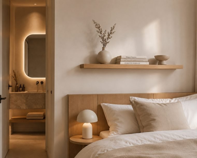 Een eiken wandplank boven het bed in een slaapkamer